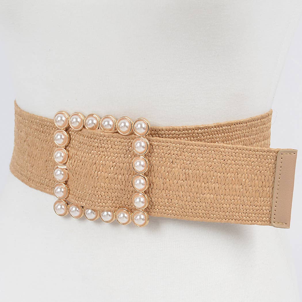 Pearl Buckle Elastic Belt - Khaki