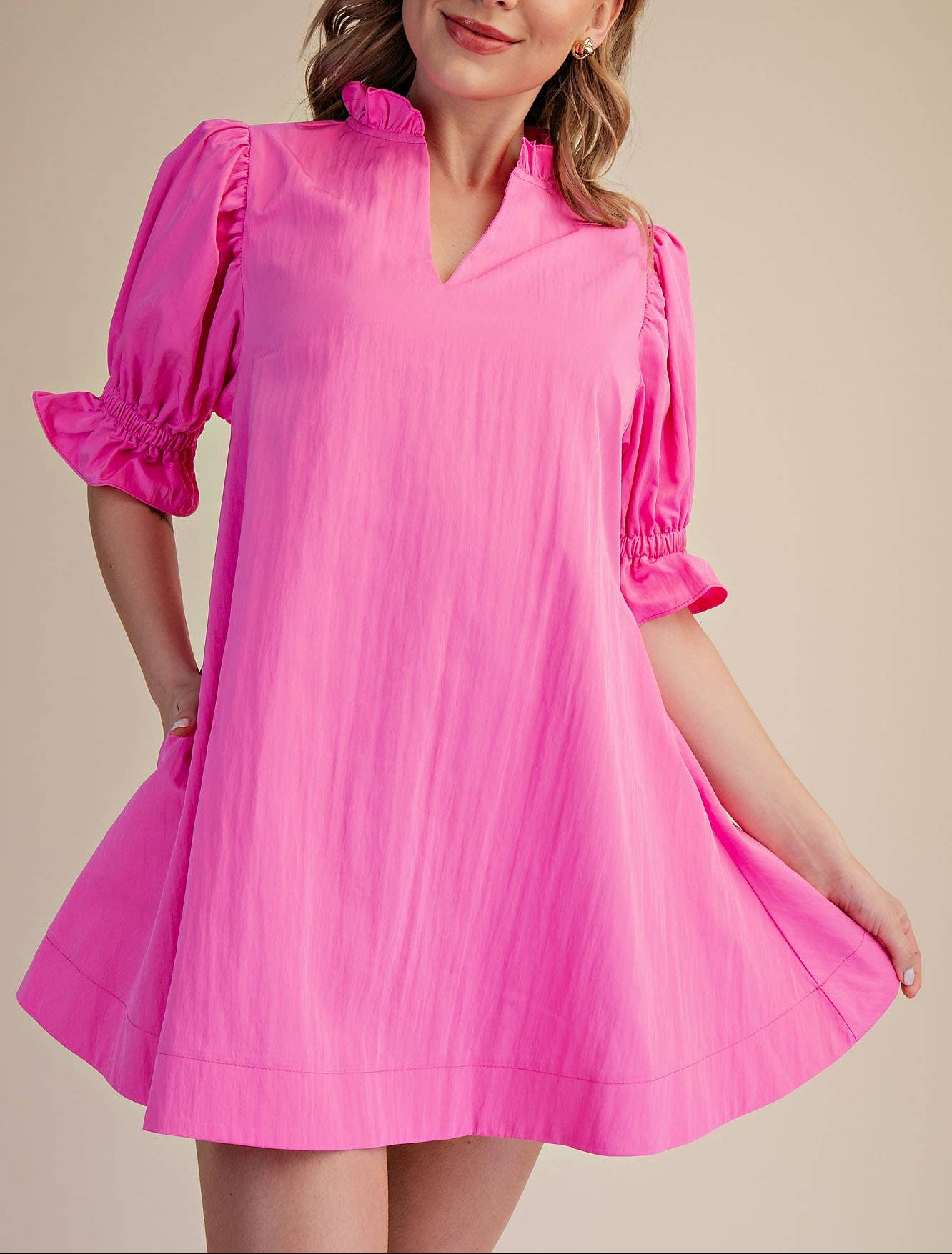 Sweet Thing Ruffle V-Neck Puff Sleeve Dress - Hot Pink