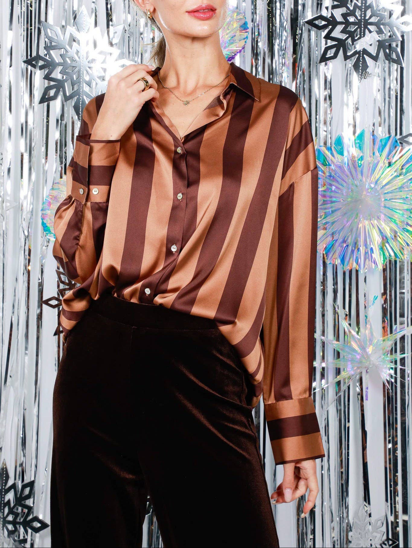 Add To Cart Collared Stripe Satin Button Up Top - Mocha/Brown