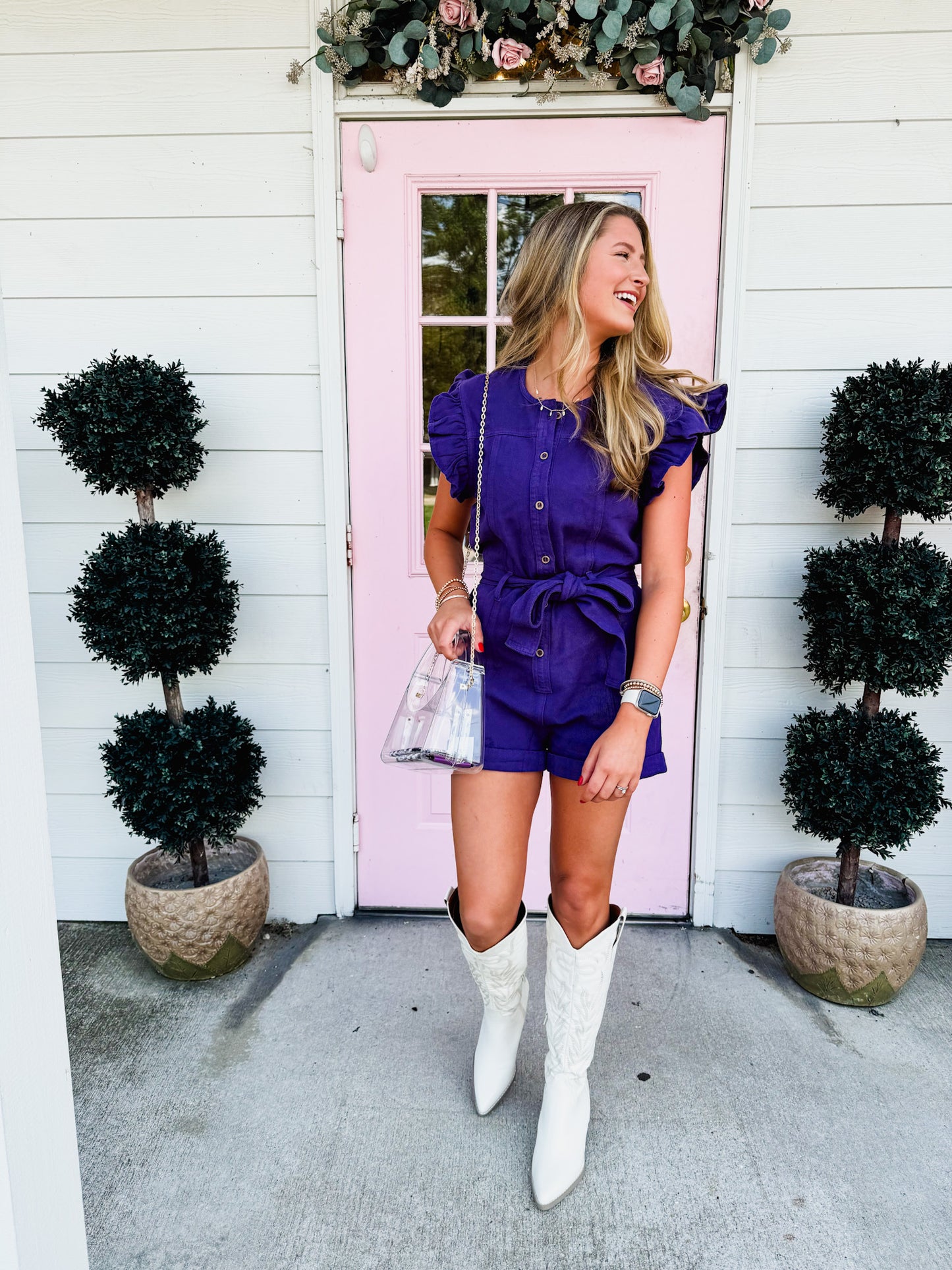 Game Day Ready Denim Belted Romper - Purple