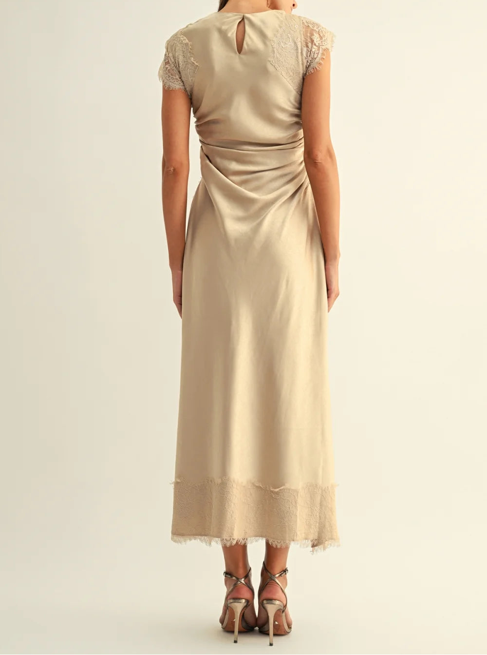 Camila Lace Contrast Rhinestone Satin Maxi Dress - Champagne