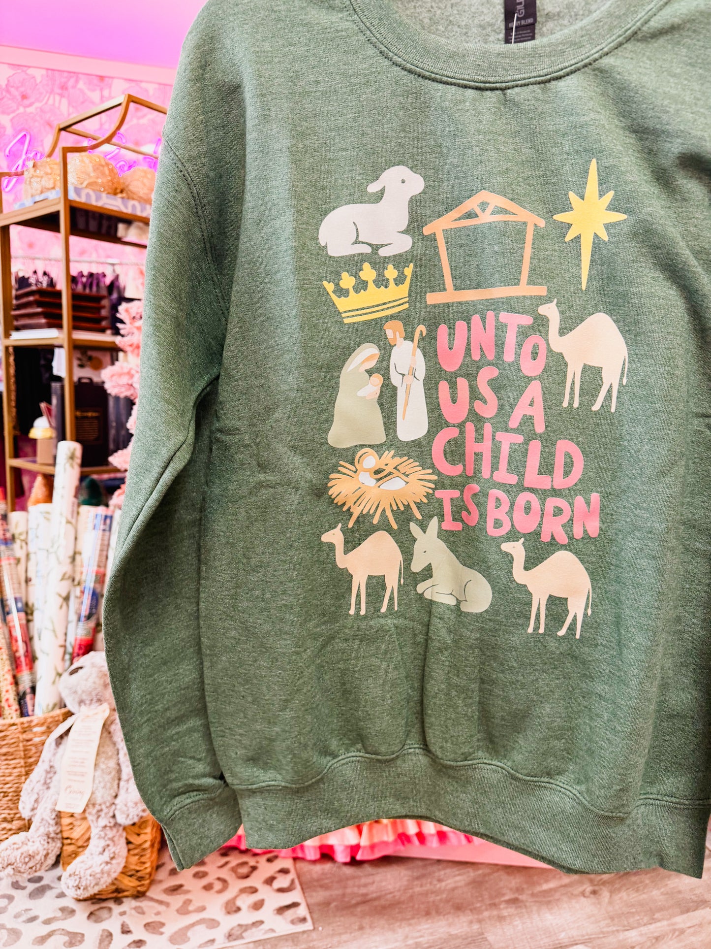 Unto Us A Child Is Born Sweatshirt - Heather Dark Green
