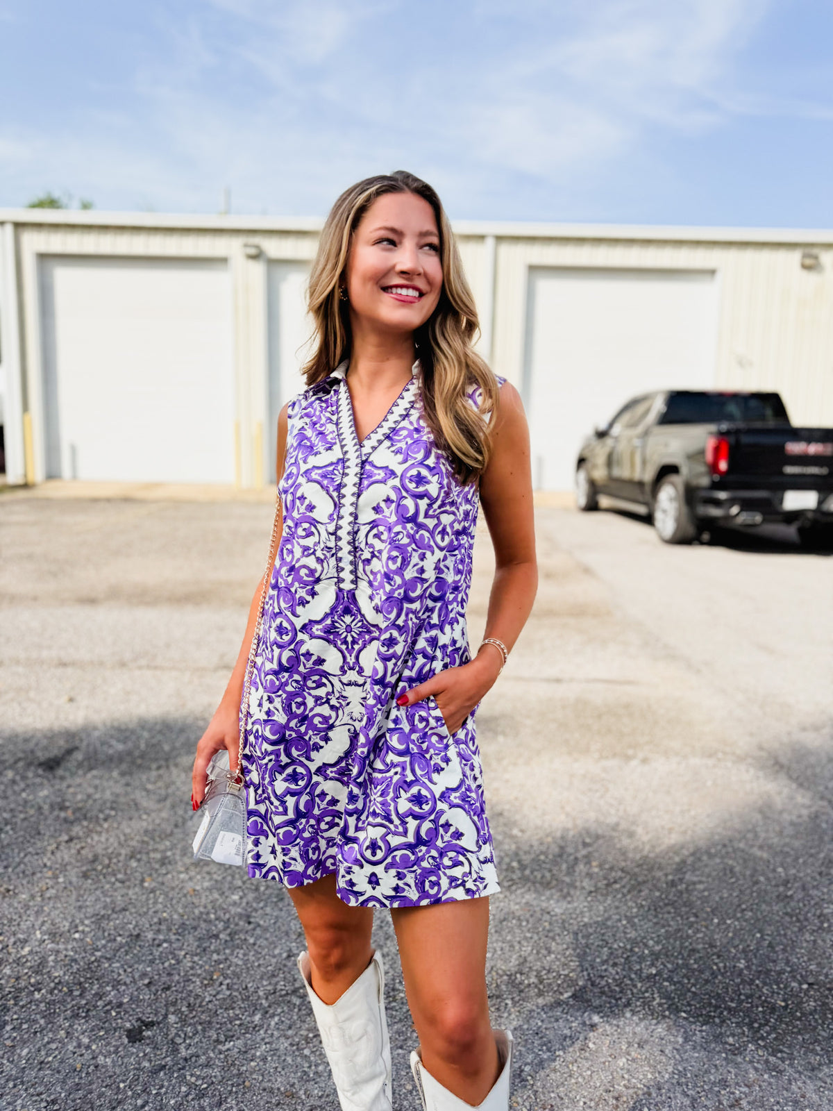 LA Love Ornate Tile Print Shift Collared Dress - Purple