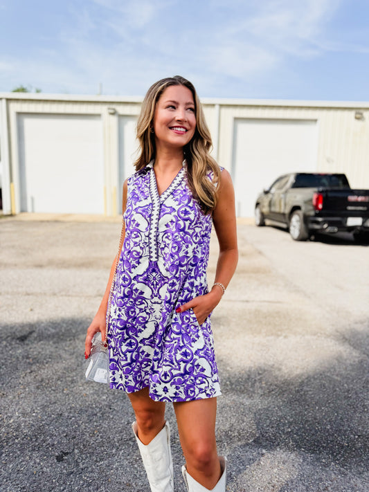 LA Love Ornate Tile Print Shift Collared Dress - Purple