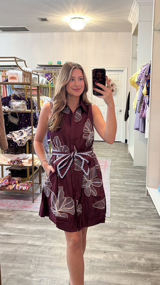 Away From Me Floral Embroidered Sleeveless Dress - Wine