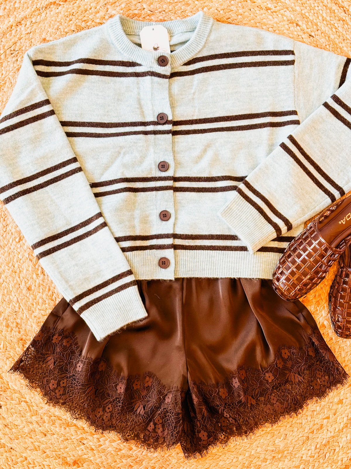 Low Key Long Sleeve Round Neck Striped Cardigan - Blue/Brown