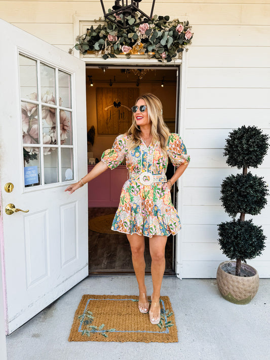 Garden Party Puff Sleeve Belted Dress - Multi