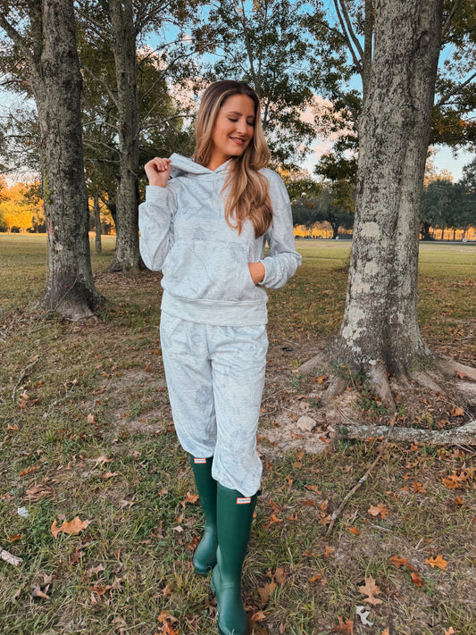 Abstract Print Hoodie 2 Piece Pant Set - Light Grey