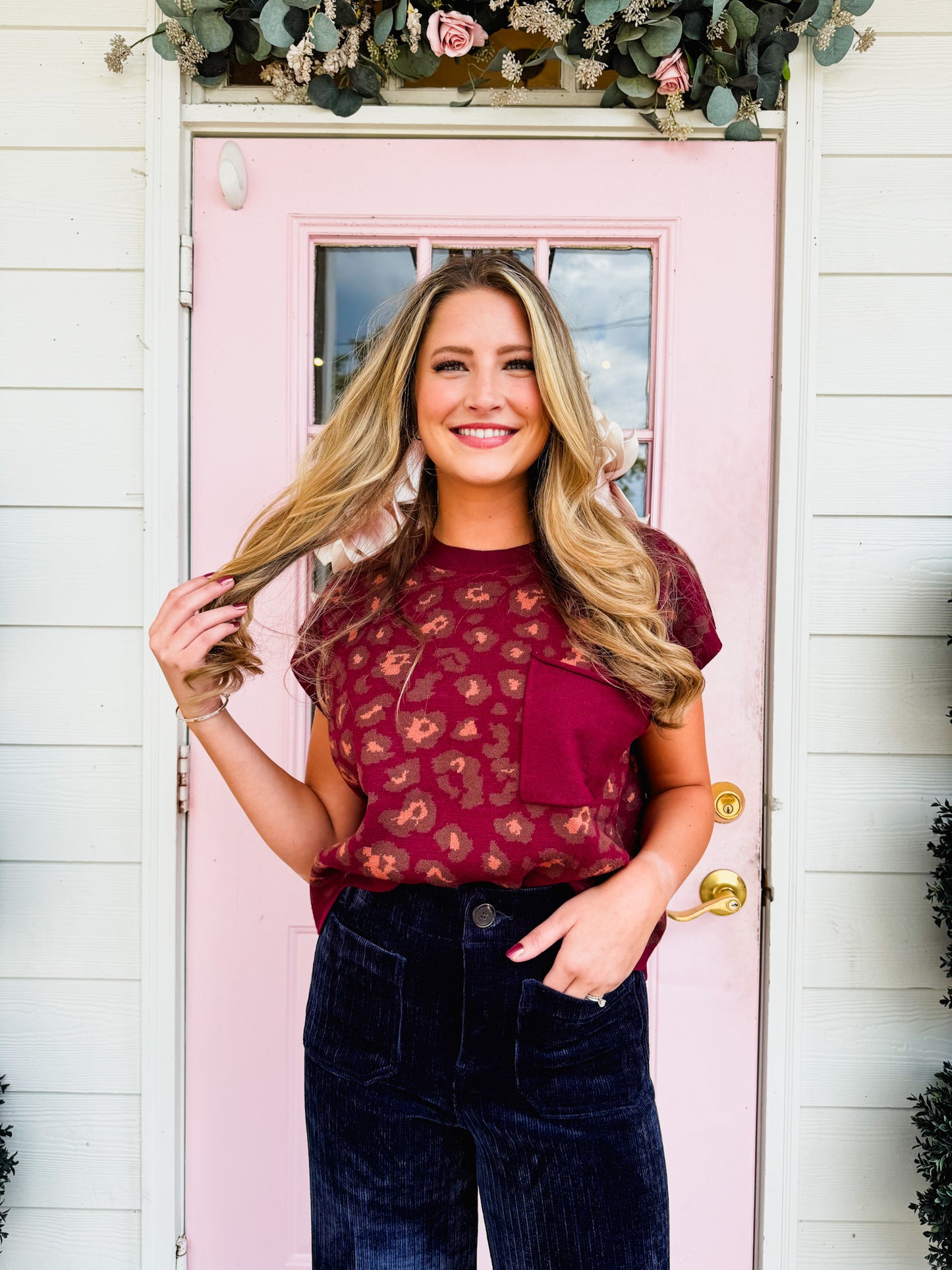 On To The Next Animal Print Cap Sleeve Top - Burgundy