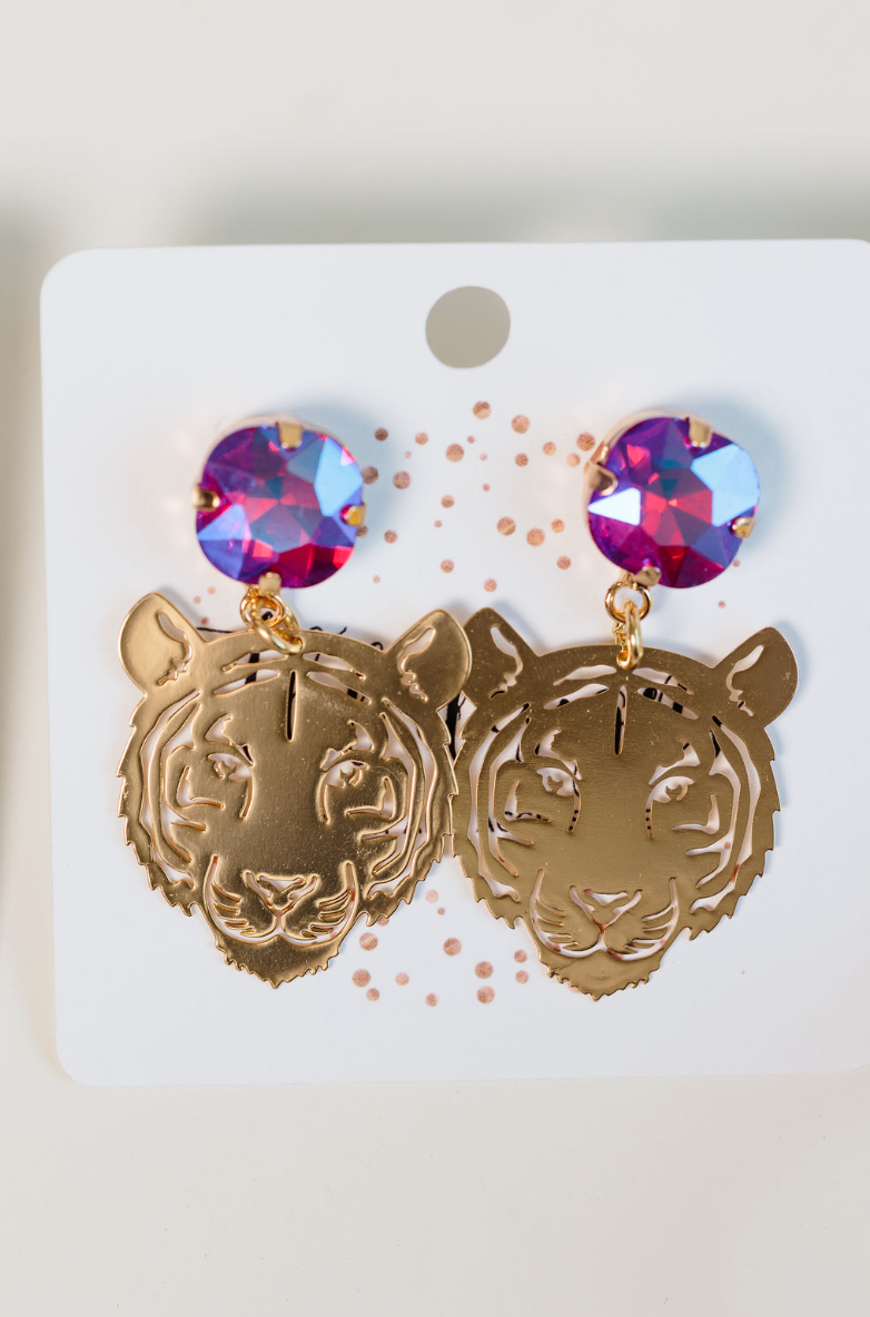 Purple and Gold Tiger Drop Earrings
