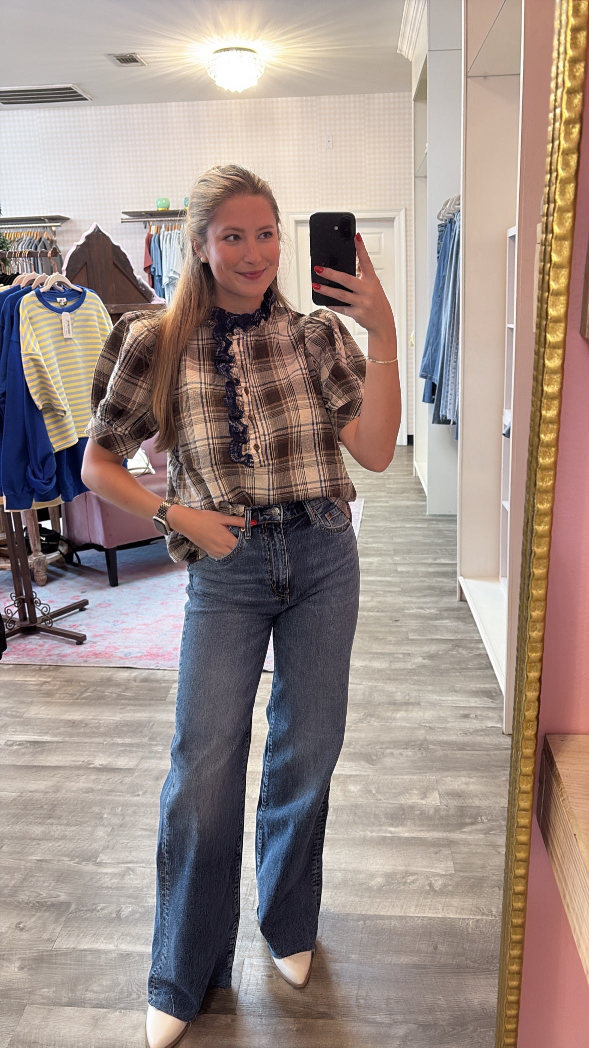 Check It Out Plaid Puff Sleeve Top - Mocha