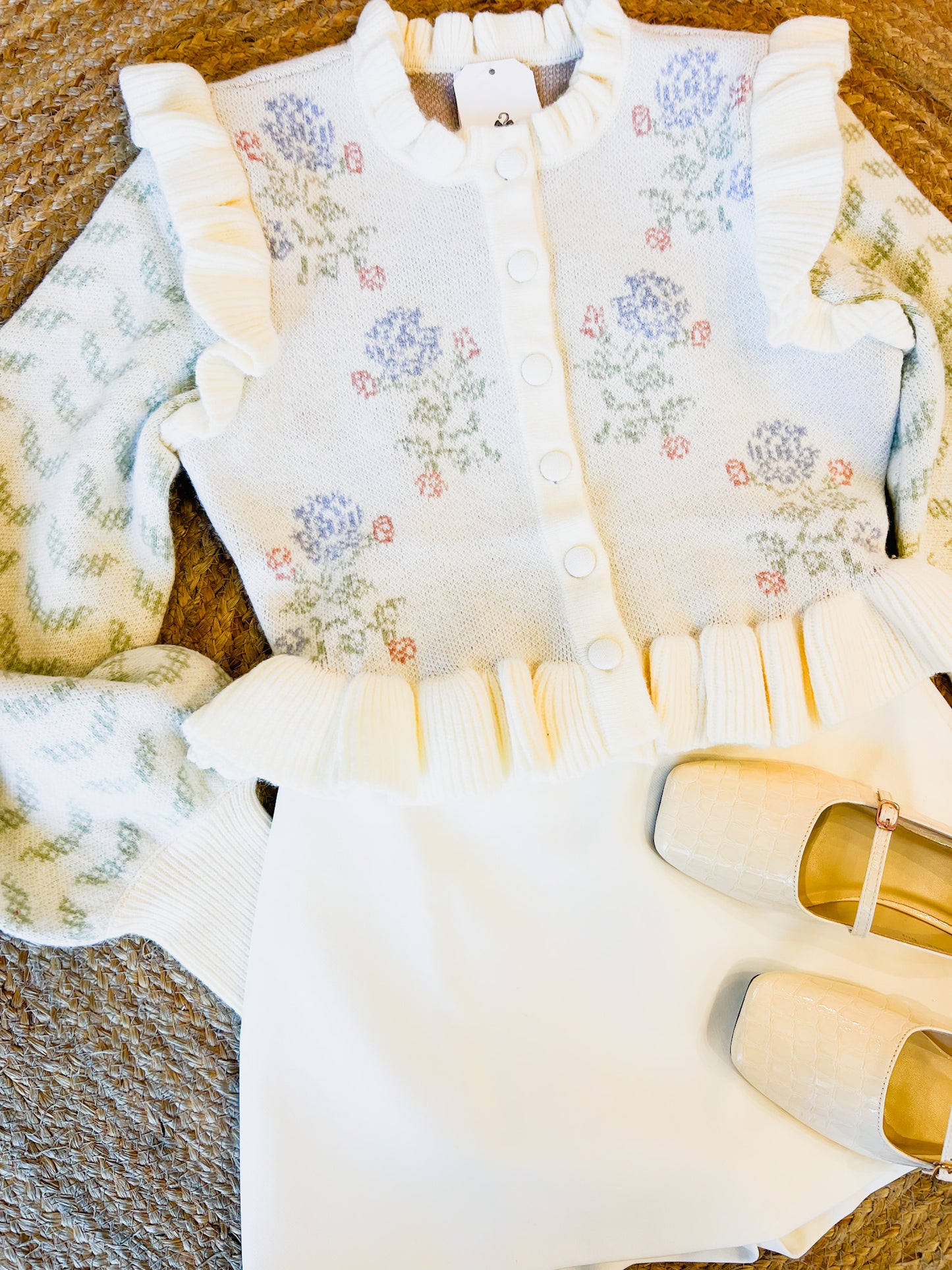 Sweet As Sugar Floral Print Ruffle Cardigan - Cream
