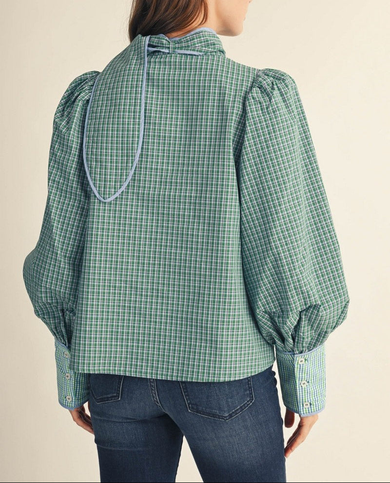 Wipe Away Tie Neck Accent Button Down Plaid Blouse - Green Mix