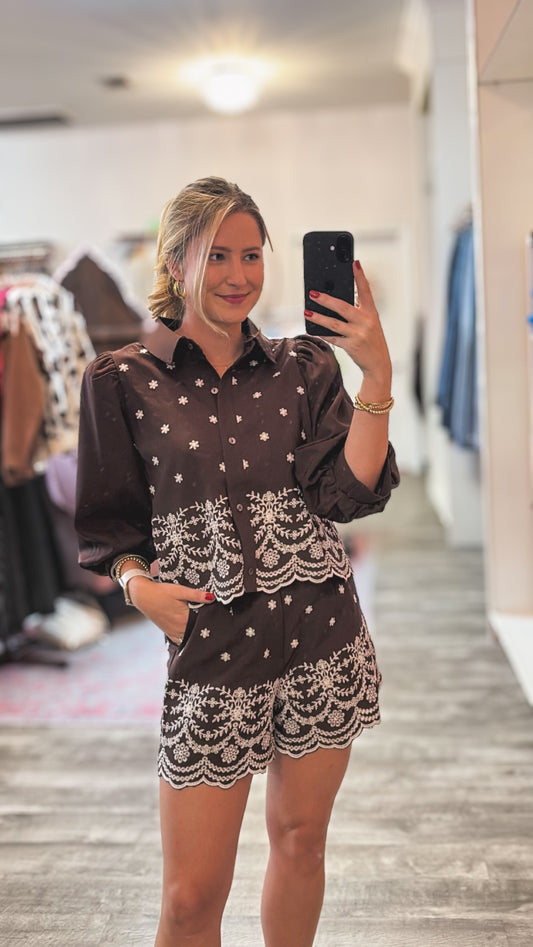 Autumn Adventures Embroidered Puff Sleeve Top - Brown