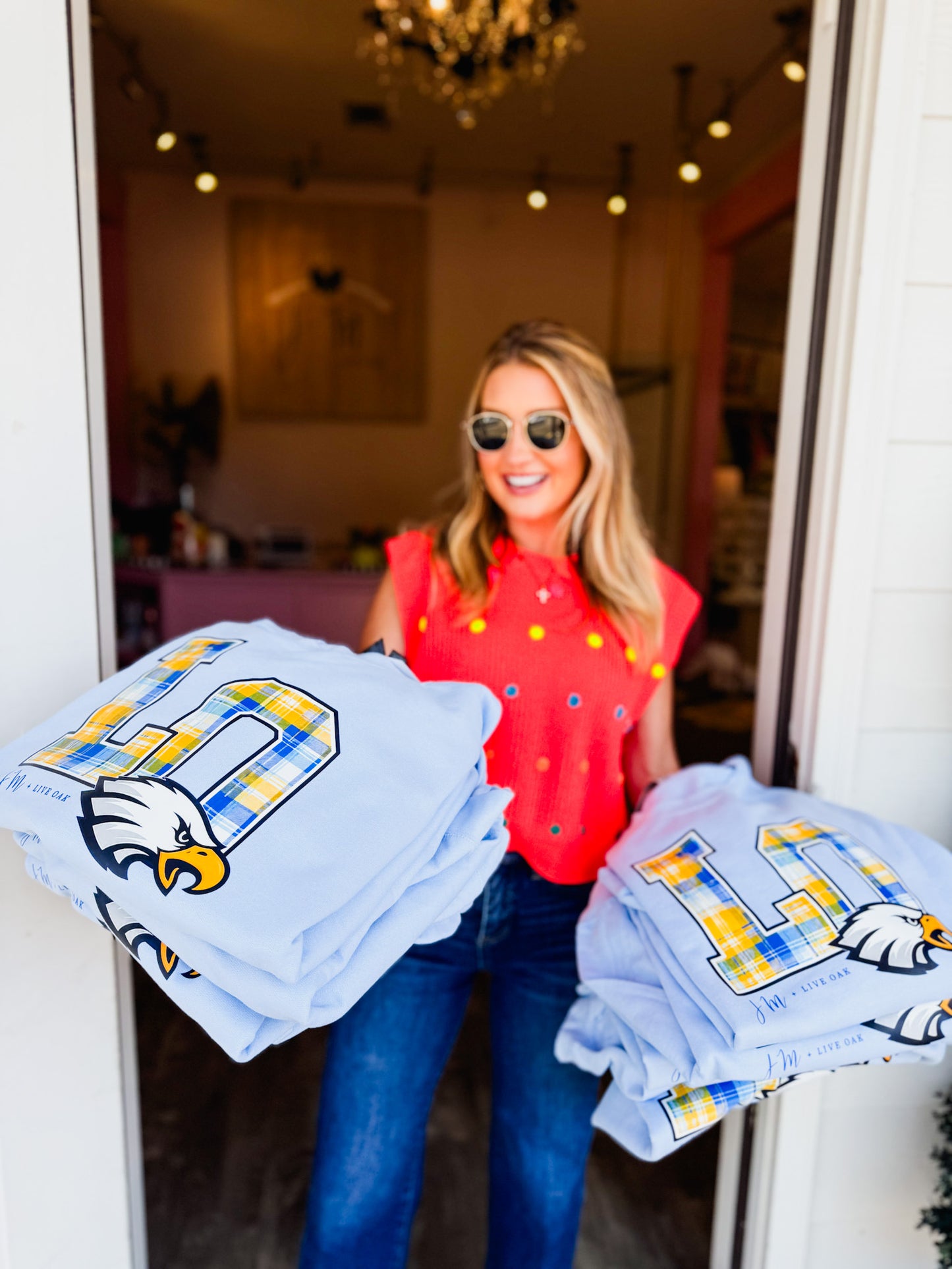JM + Live Oak Plaid Logo Sweatshirt - Baby Blue