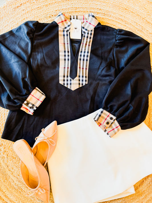 Take Flight Plaid Contrast Top - Black