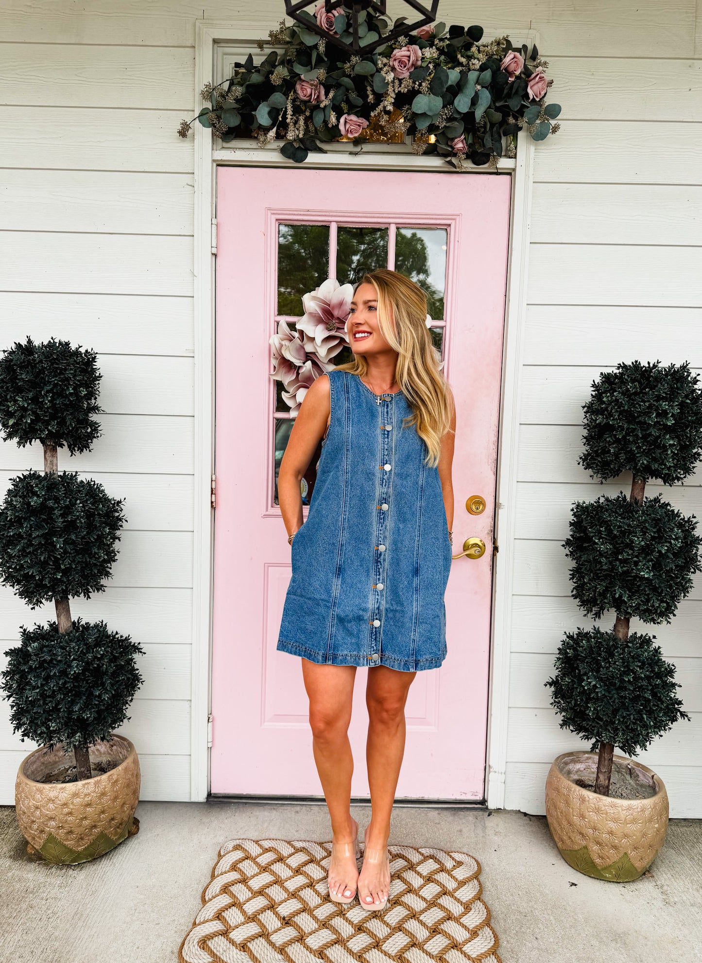 denim dress with vest Sing-A-Long Sleeveless Round Neck Button Down Denim Dress - Blue