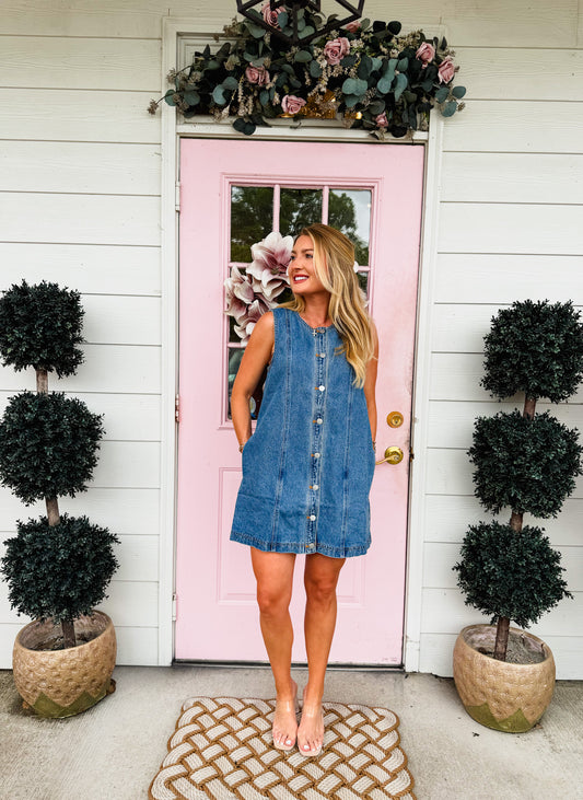 Sing-A-Long Sleeveless Round Neck Button Down Denim Dress - Blue