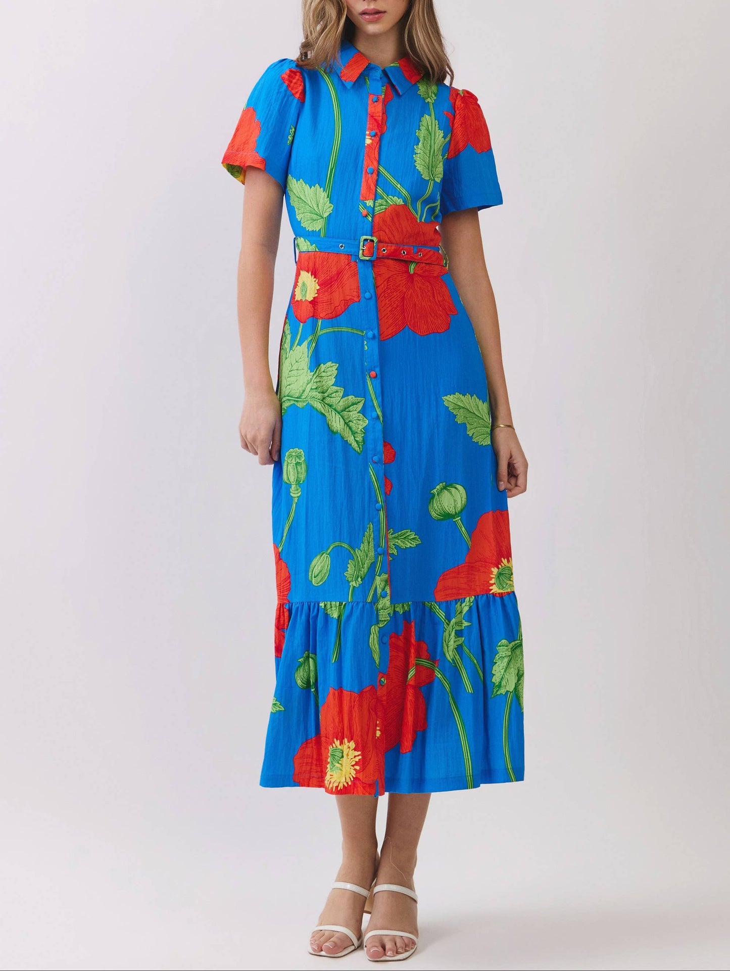 Main Event Floral Print Button Down Belted Shirt Midi Dress - Blue