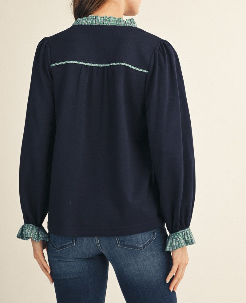 Big Deal Plaid Contrast Ruffle Detail Solid Top - Navy