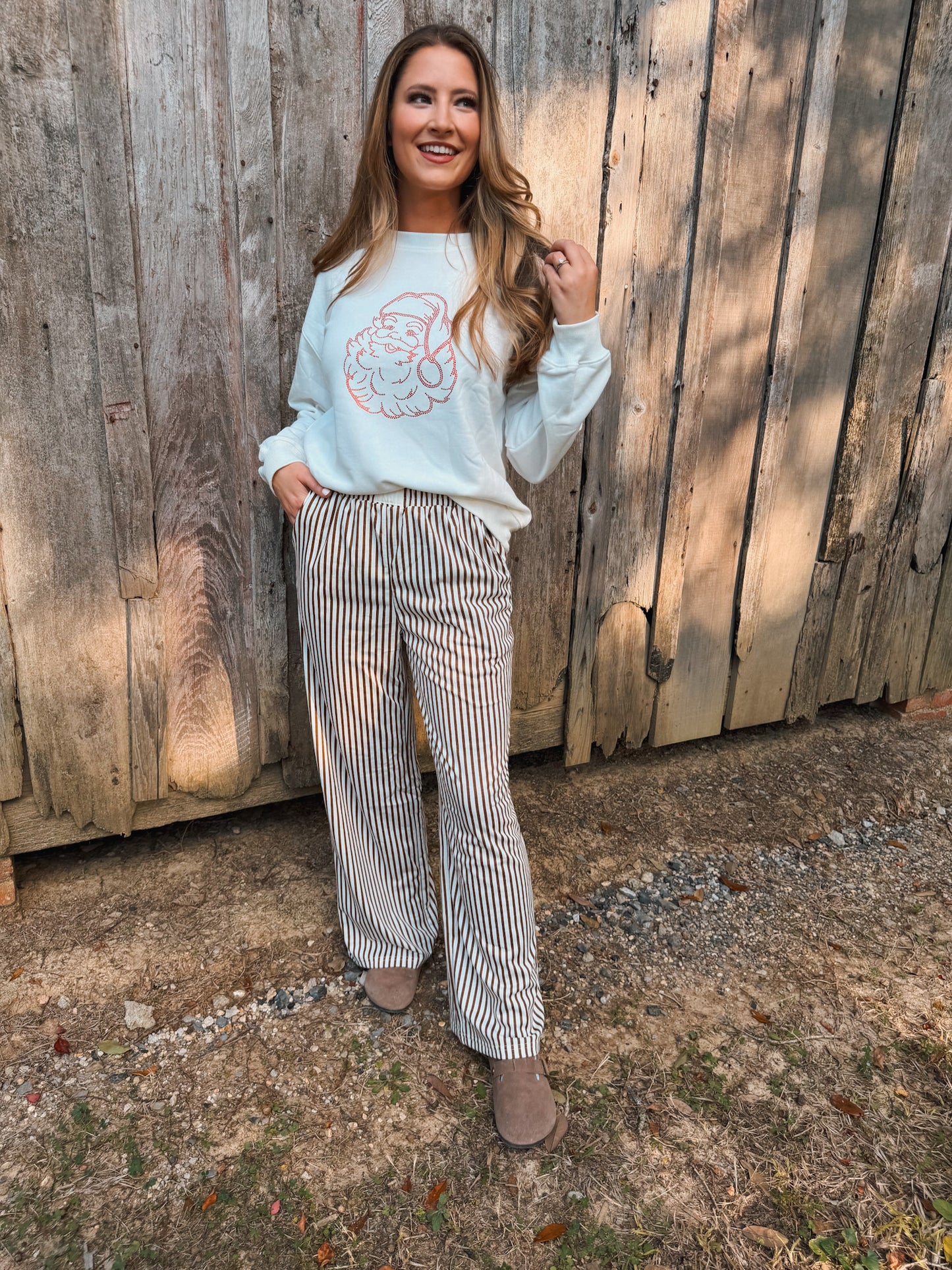 Striped Elastic High Waist Pants - Brown