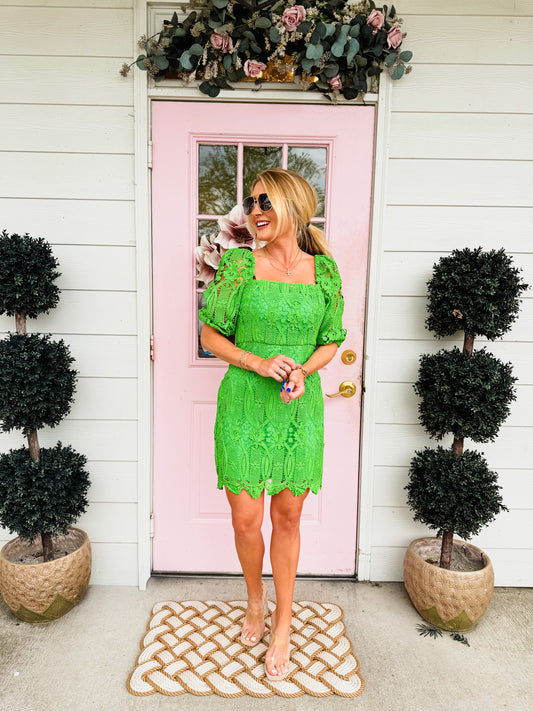 Emery Puff Sleeve Lace Mini Dress - Matcha Green