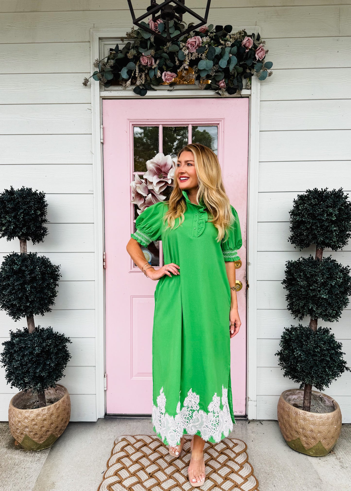 New Horizons Applique Lace Trim Hem Detail Midi Dress - Kelly Green
