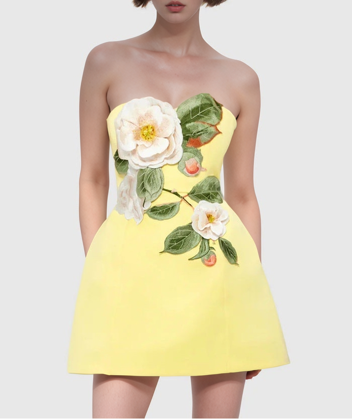 Glow Up Strapless Embroidered Floral Dress - Yellow