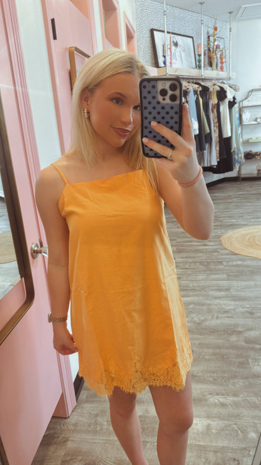 Get Glad Lace Trim Spaghetti Shift Mini Dress - Orange