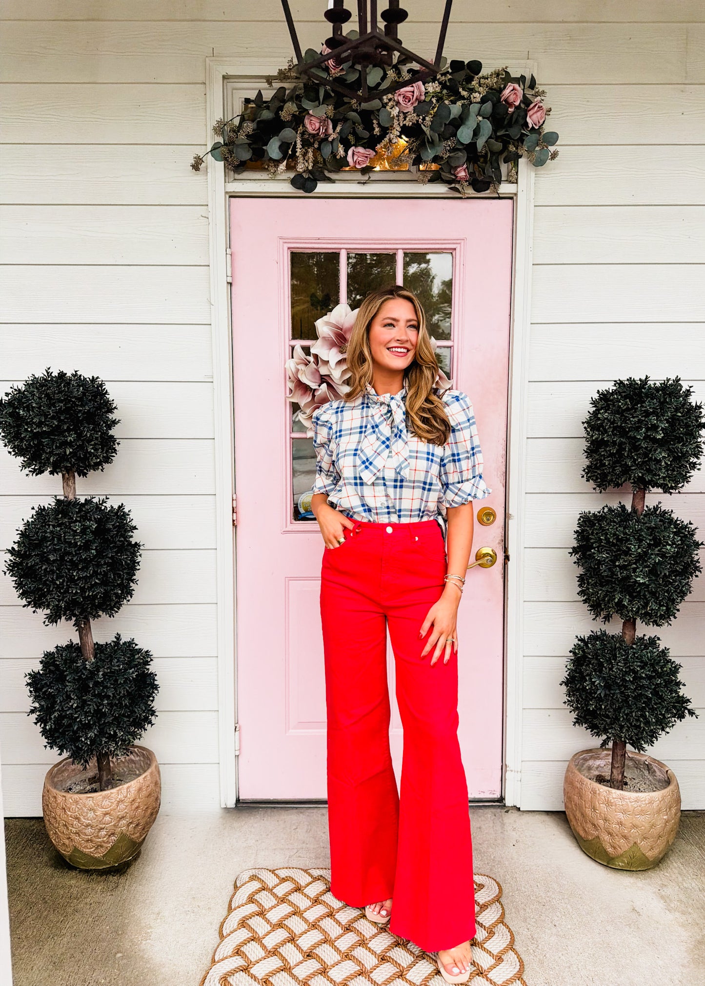 Backroads Plaid Tie Neck Top - Indigo