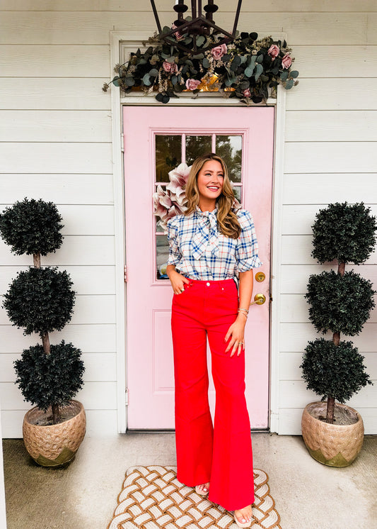Backroads Plaid Tie Neck Top - Indigo
