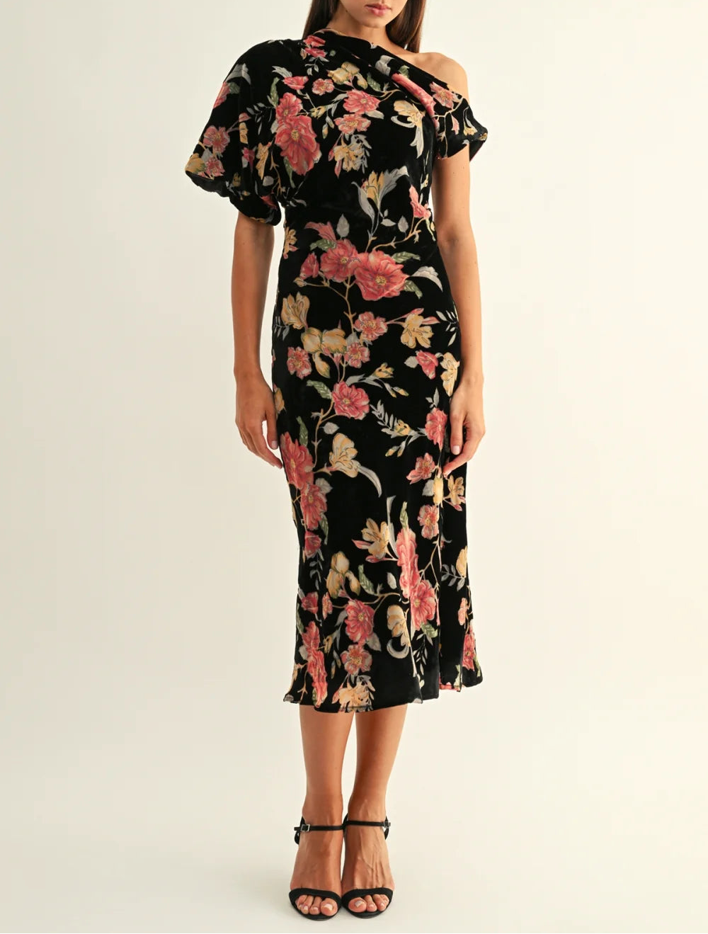 Manon Burnout Velvet Asymmetric Sleeves Midi Dress - Black Multi