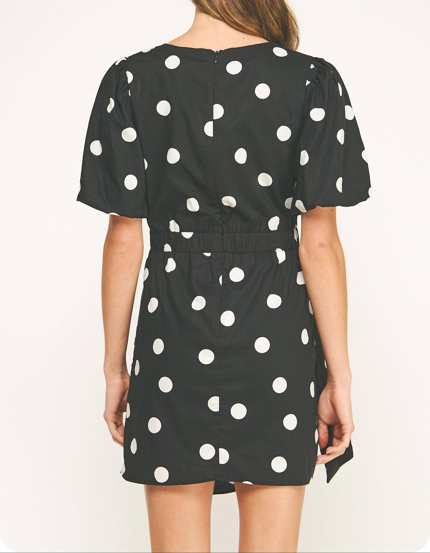 Over It Ruched Puff Sleeve Polka Dot Mini Dress - Black