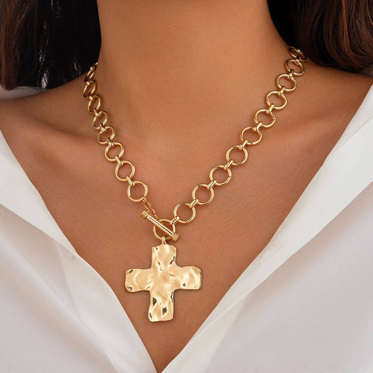 Notable Hammered Cross Front Toggle Necklace - Gold