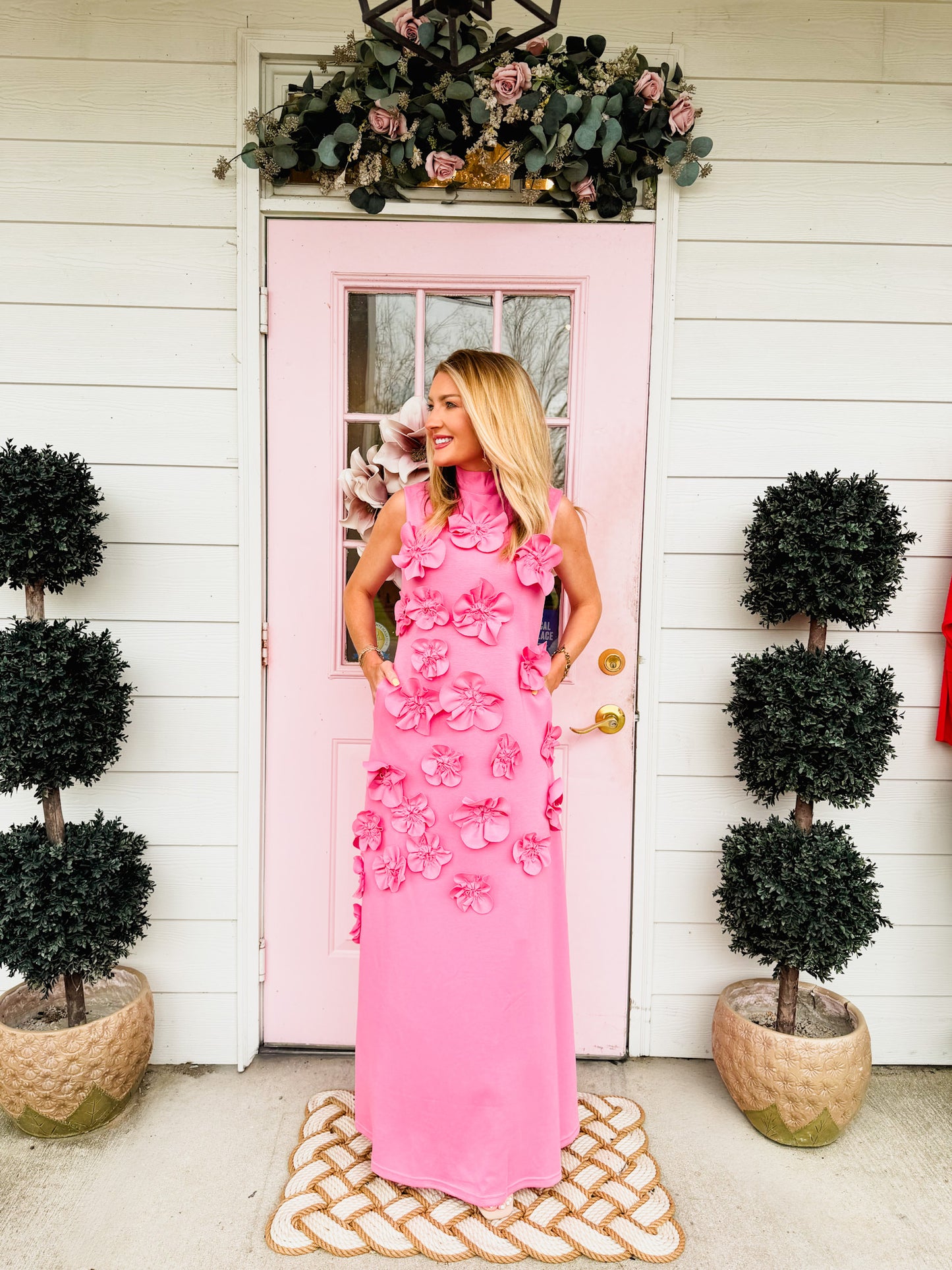 Born To Shine 3D Flowers Collar Sleeveless Dress - Pink