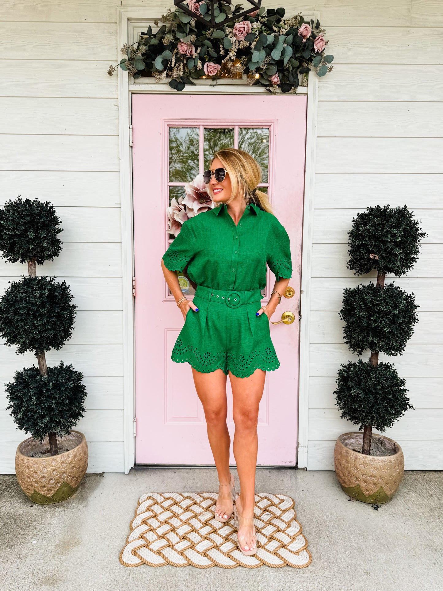 Olivia Embroidered Pleated Shorts - Green