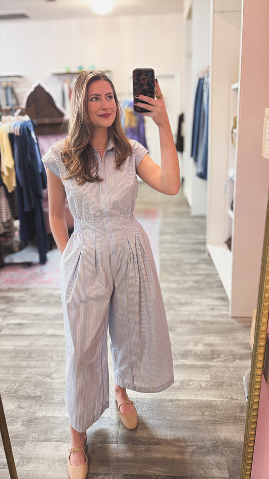 One Of A Kind Striped Button Down Jumpsuit - Powder Blue