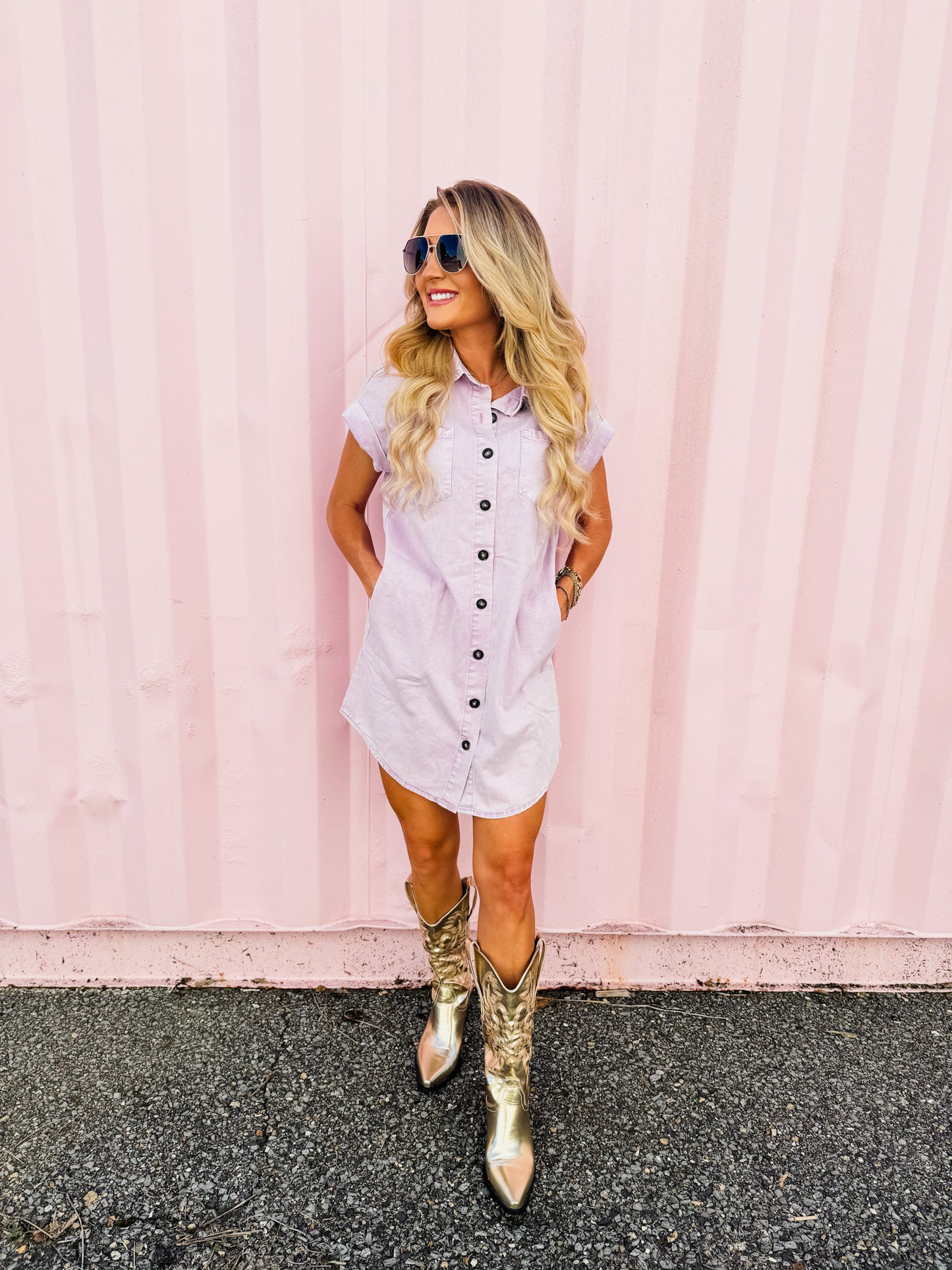 Take A Stand Double Chest Pocket Denim Button Up Dress - Orchid