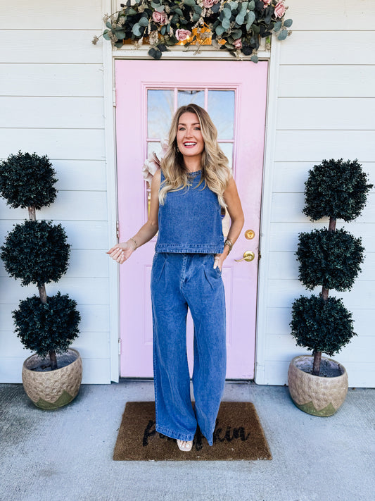 It's Pouring Sleeveless Top - Dark Chambray