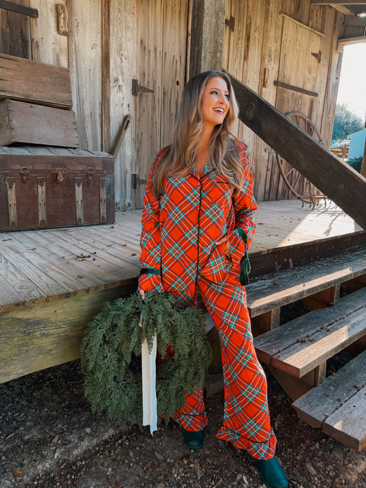 Christmas Plaid Pajama Top and Pant Set - Fiery Red