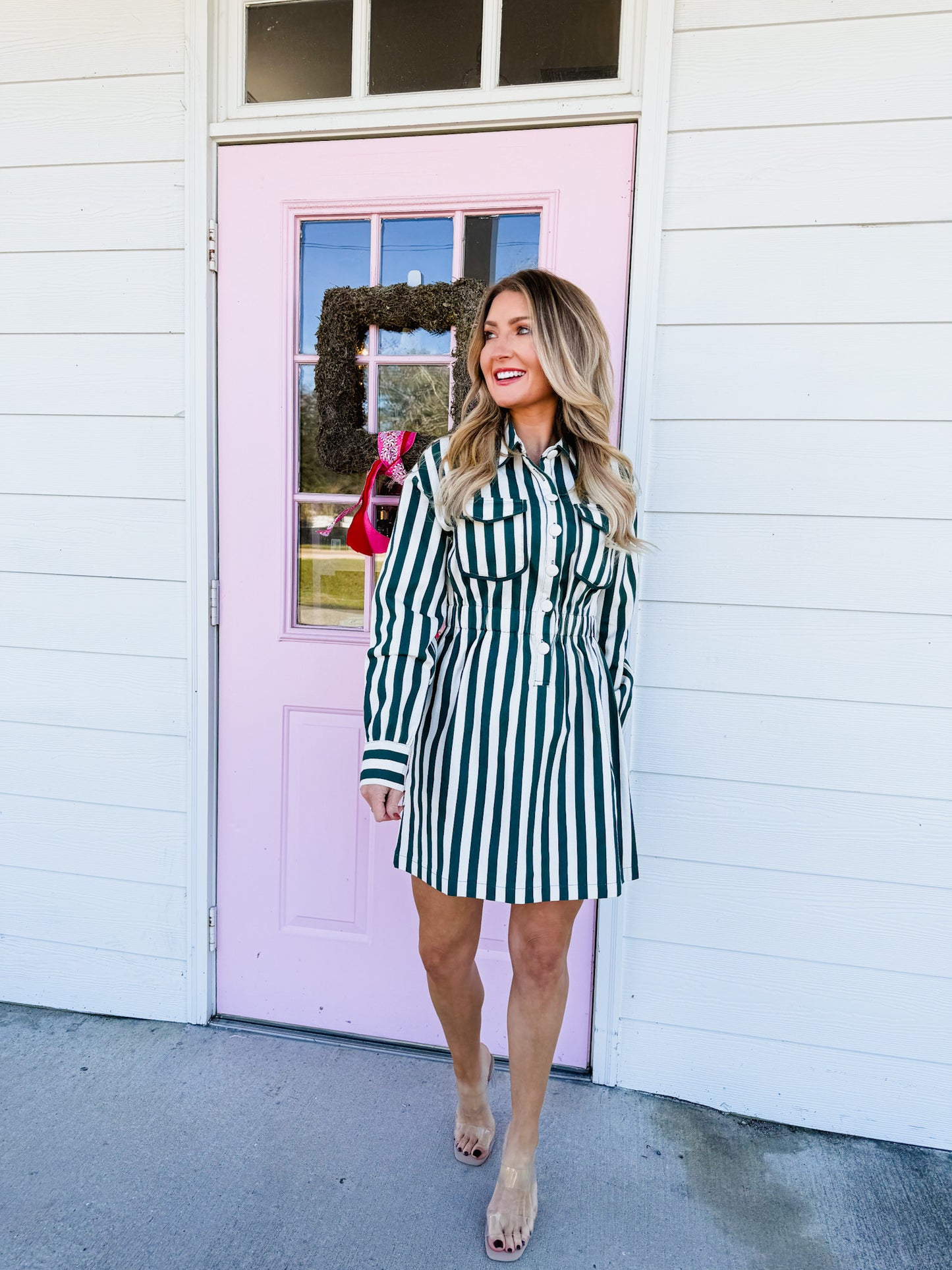 True Tailor Vertical Striped Elastic Waist Shirt Dress - Hunter Green