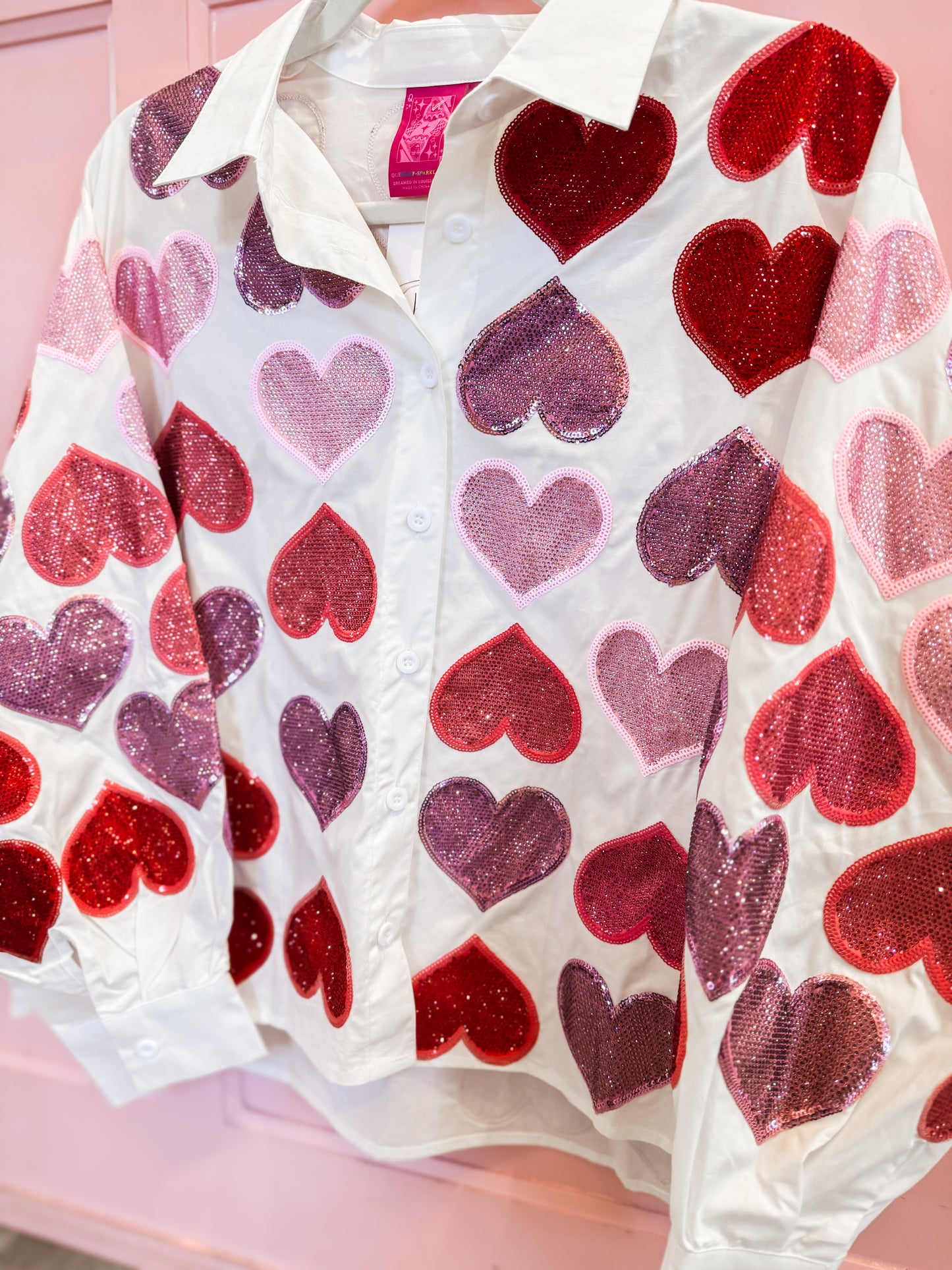 Queen Of Sparkles White Multi Rhinestone Hearts Button Up Cotton Top