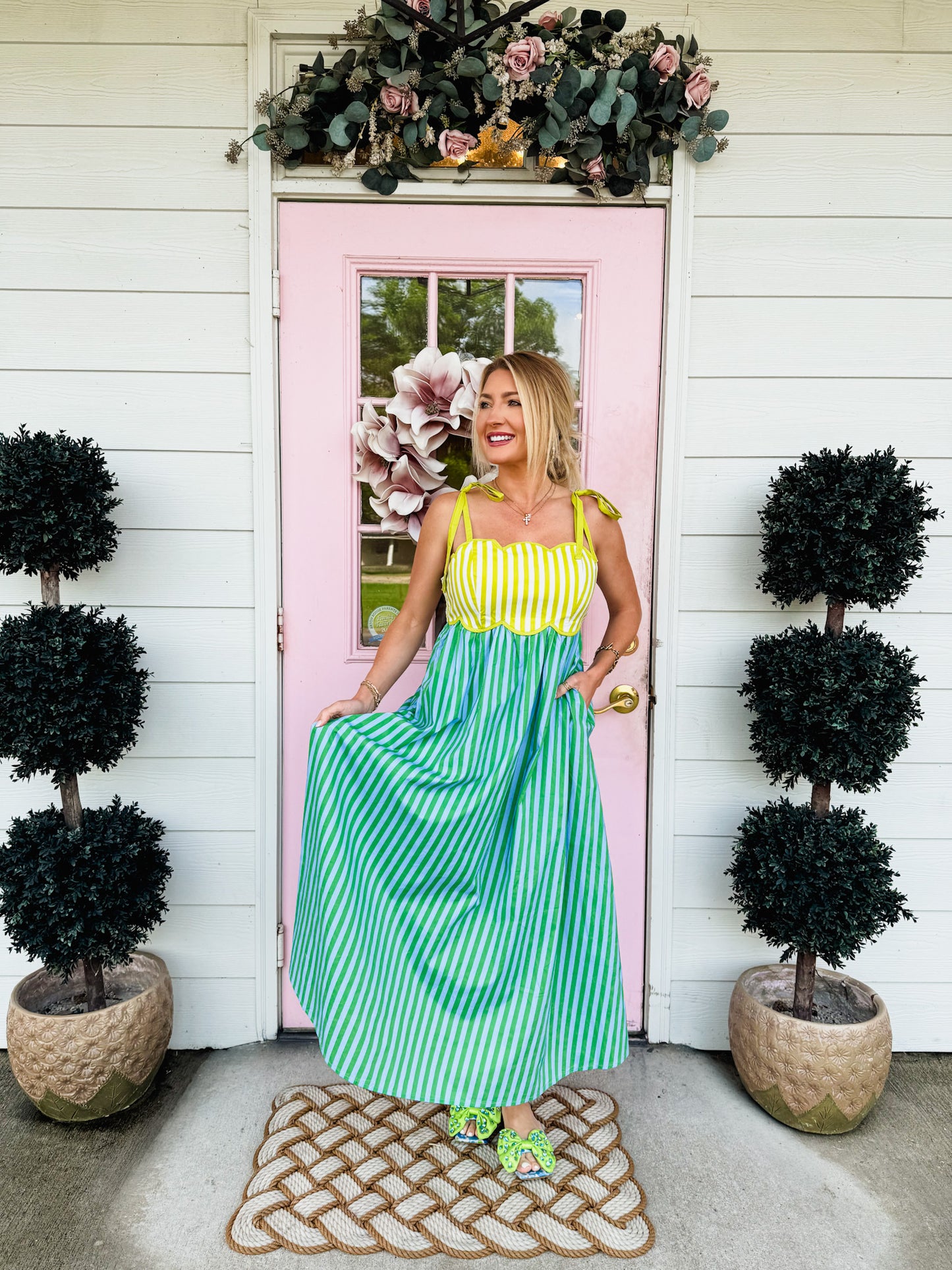Deep Dive Striped Scalloped Midi Dress - Kiwi Green