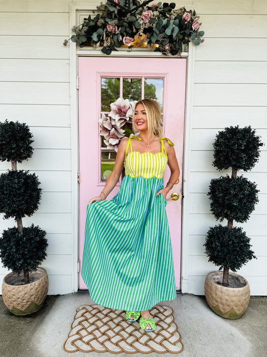 Deep Dive Striped Scalloped Midi Dress - Kiwi Green