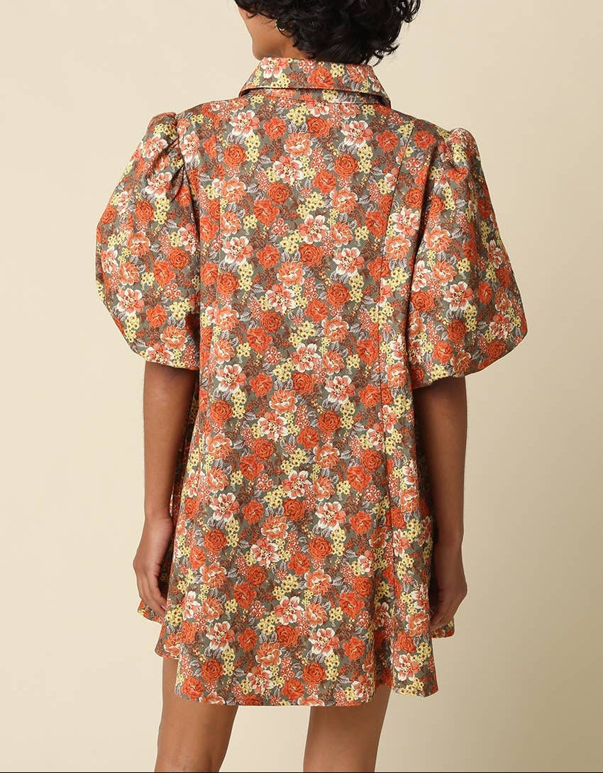 Lara Floral Puff Sleeve Mini Dress - Grey Rust