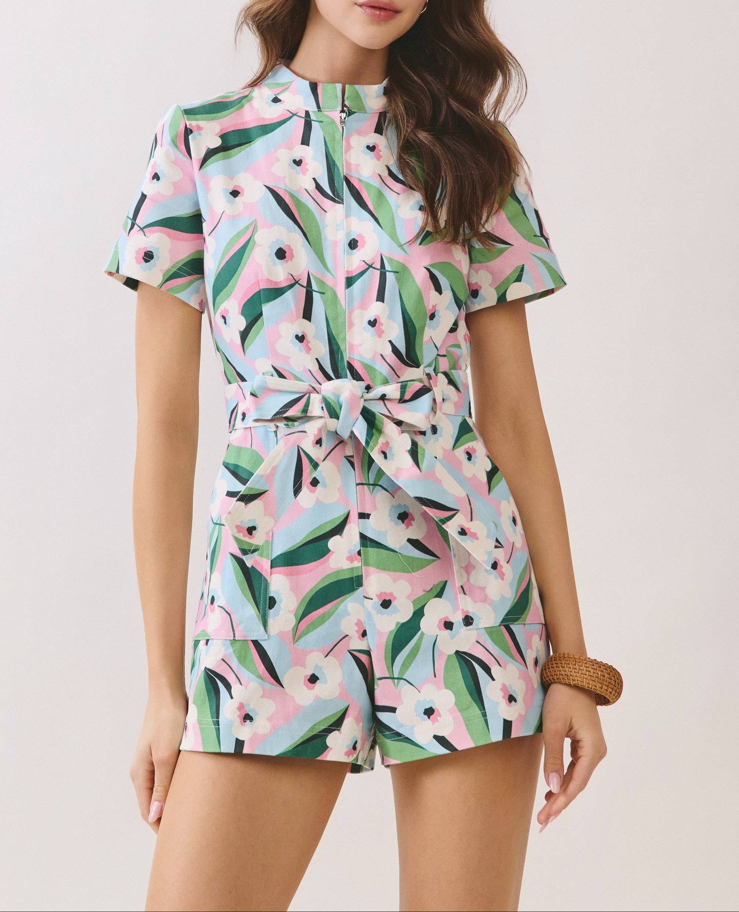 Speak Up Floral Print Front Zipper Belted Romper - Multi