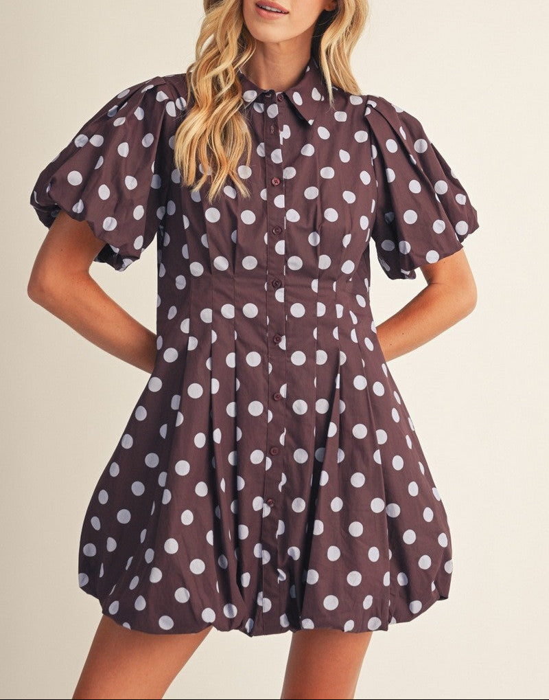 Minor Change Pleat Detail Polka Dot Balloon Dress - Burgundy