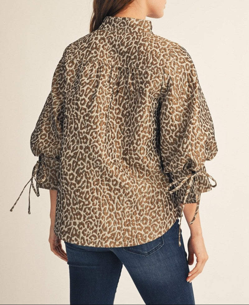 Make It Count Tie Detail Puff Sleeves Leopard Jacquard Top - Taupe