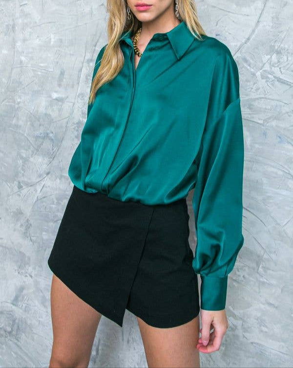 Girl Boss Long Sleeve Collared Top - Teal