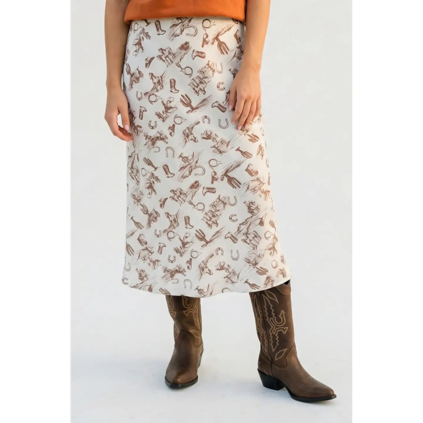 Speak Up Western Print Satin Midi Skirt - Ivory/Espresso